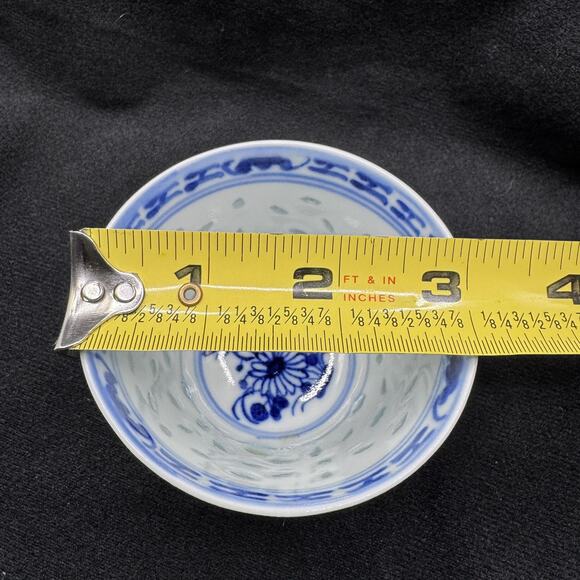 Vintage China Japan Tienshen Rice Grain Pattern Blue Translucent 3" Bowl - Picture 15 of 16